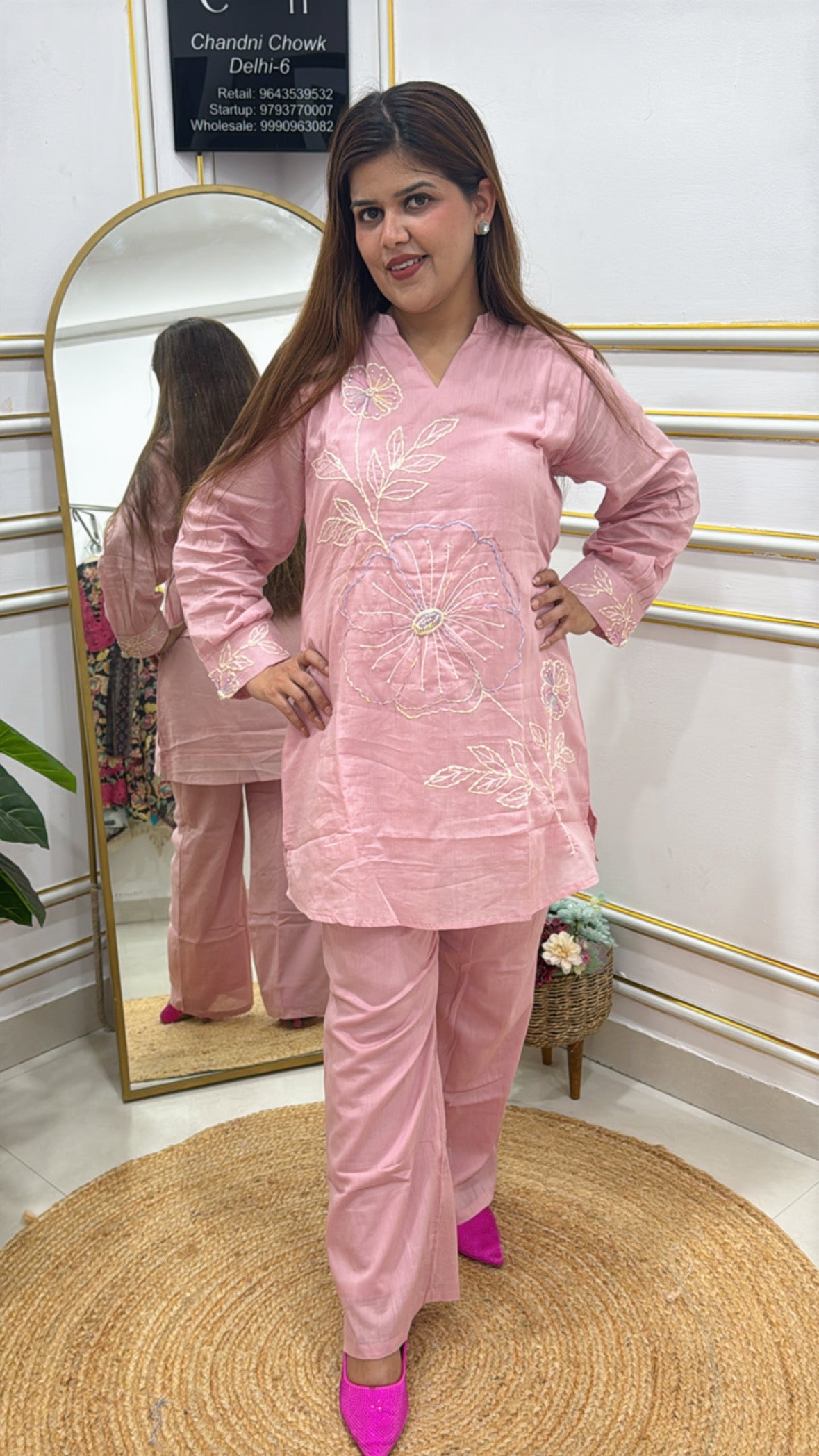 Pink Embroidered Tunic Set from The Grace Fashion featuring floral designs and matching pants
